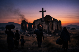 A burned and partially collapsed church stands in rural Nigeria at dusk, a damaged cross silhouetted against a purple and orange twilight sky. In the foreground, displaced people walk away carrying belongings across a hilly Middle Belt landscape, conveying loss, displacement, and abandonment.