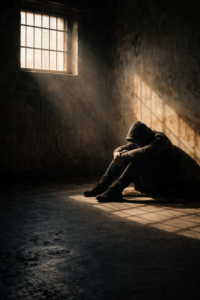 Photorealistic image of an isolated individual sitting alone in a sparse, deteriorating room with sunlight streaming through a barred window. Harsh shadows fall across cracked walls and concrete floors, symbolizing institutional abandonment, prolonged neglect, and survival under systemic failure. The figure remains anonymous, emphasizing universal isolation.
