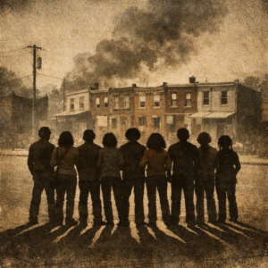 llustrated silhouettes of nine figures standing together in front of Philadelphia rowhouses, with smoke and haze in the background, evoking 1970s–1980s urban activism and the MOVE 9 case.